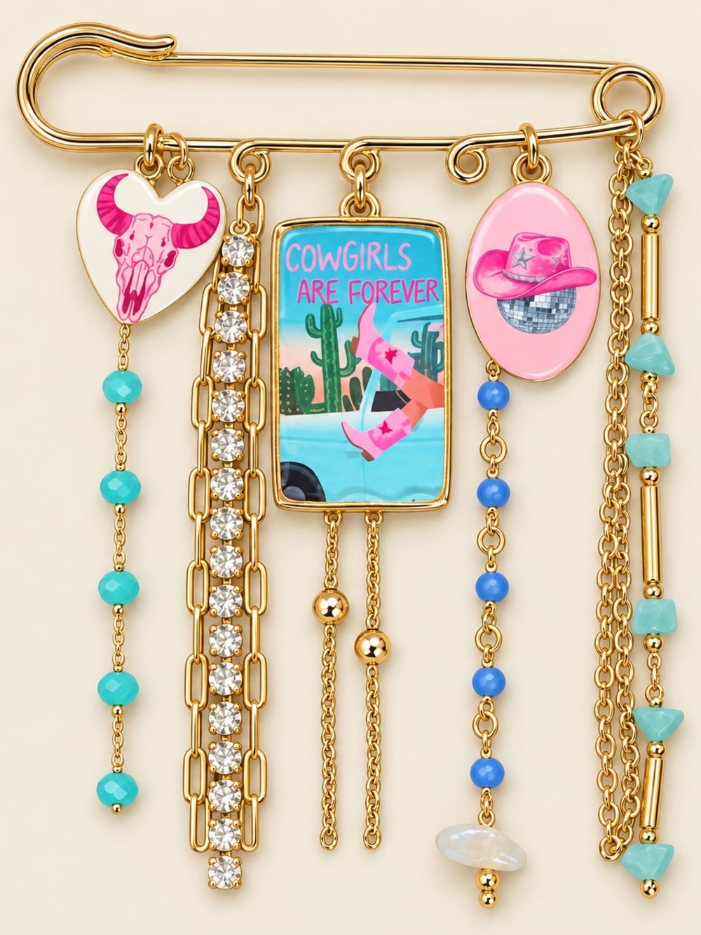 Gold Safety Pin Charm Brooch with Pink, Turquoise, Blue and White Accents